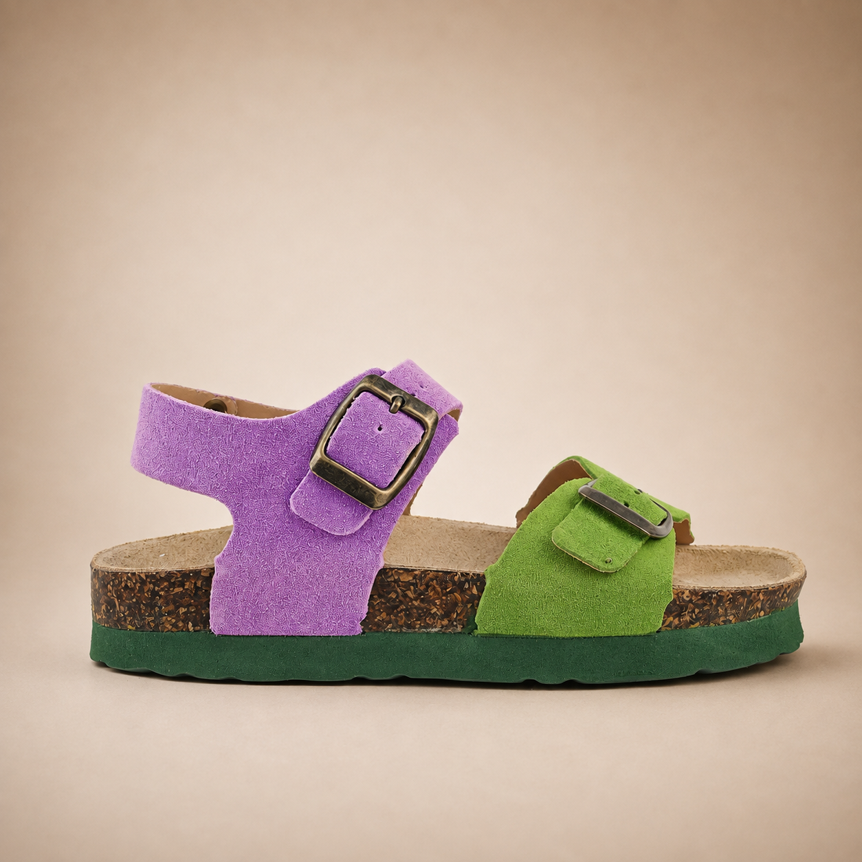 Sandales Enfant Colorées Vert & Violet en cuir nubuck