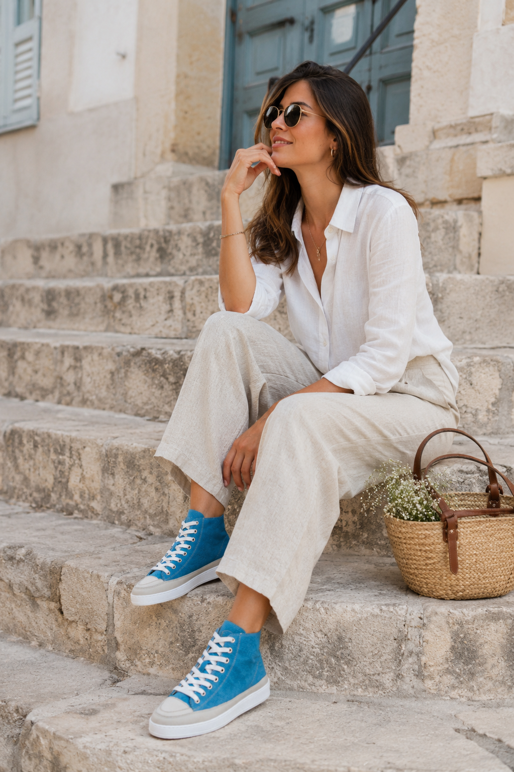 Sneakers Montantes Femme en Cuir Bleu