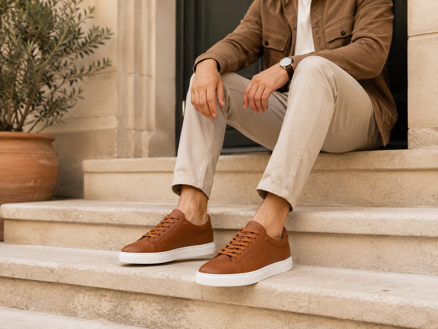 Sneakers Homme en Cuir Camel – Élégance & Confort