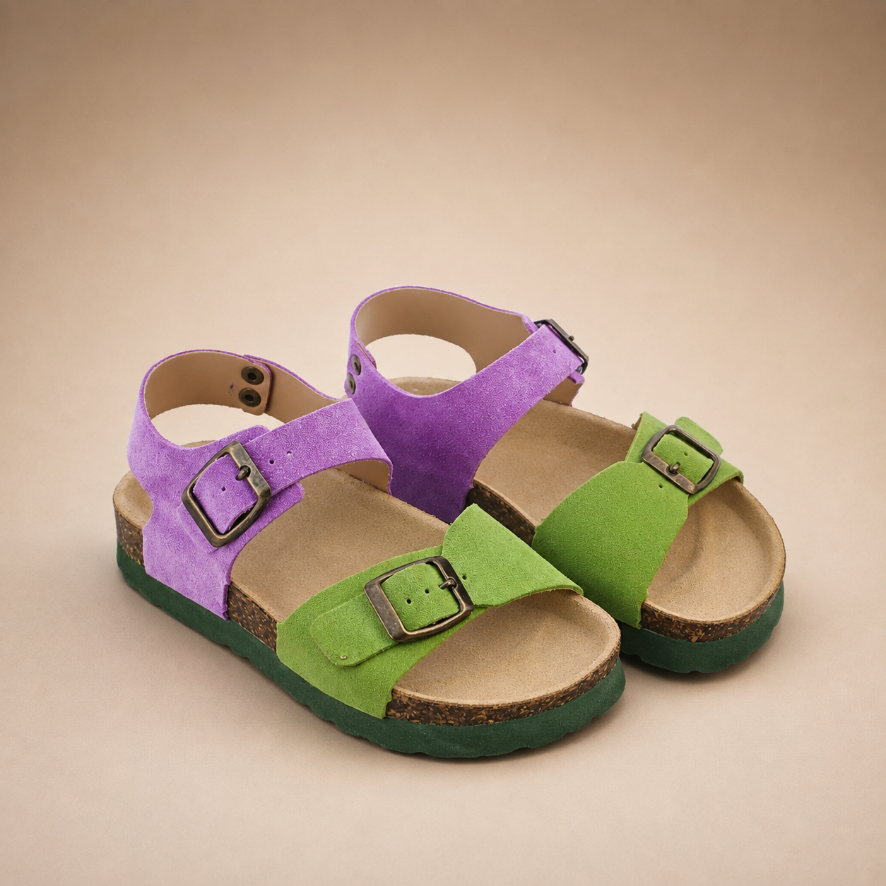 Sandales Enfant Colorées Vert & Violet  en cuir nubuck