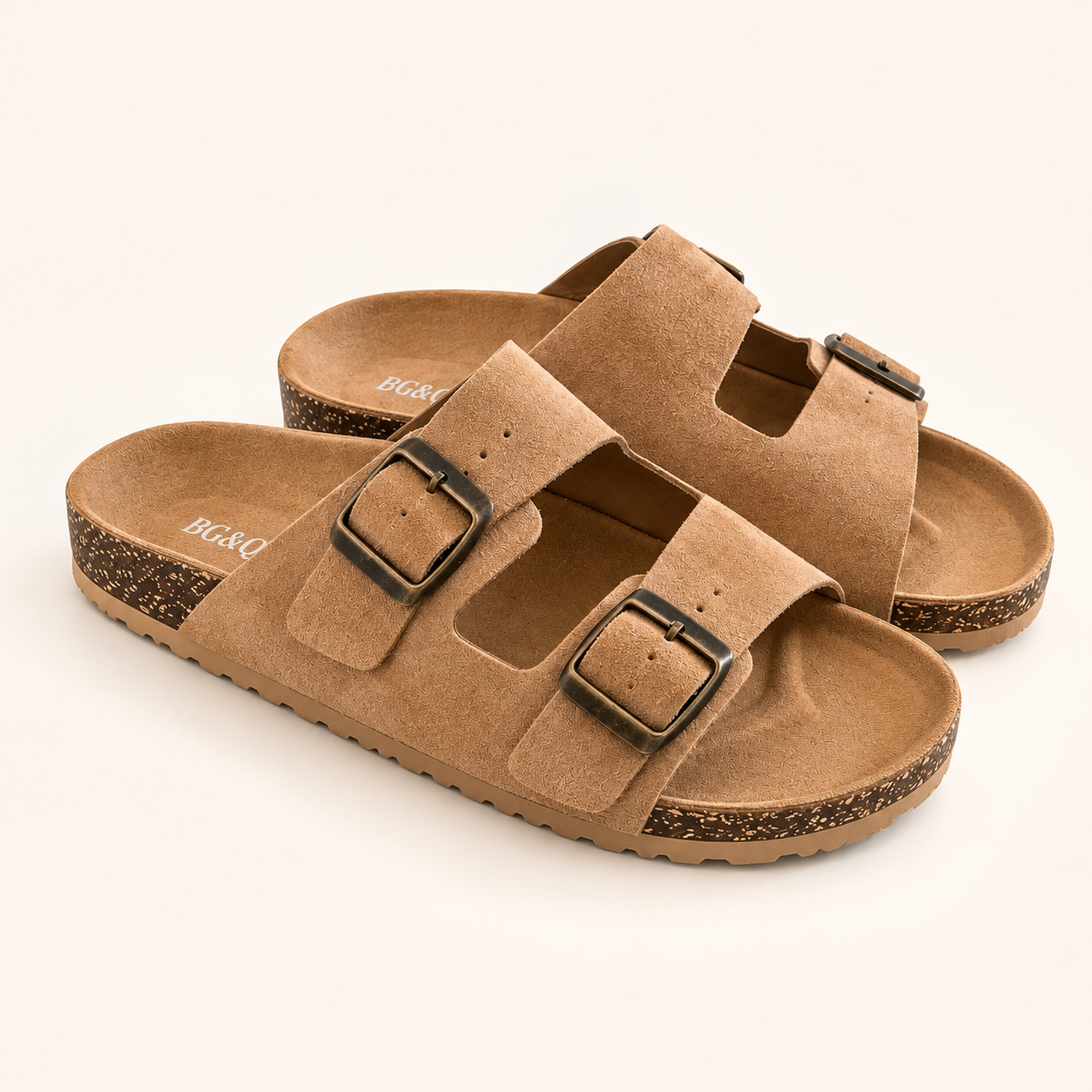 Mule Femme cuir nubuck beige  Double Boucles Bronze
