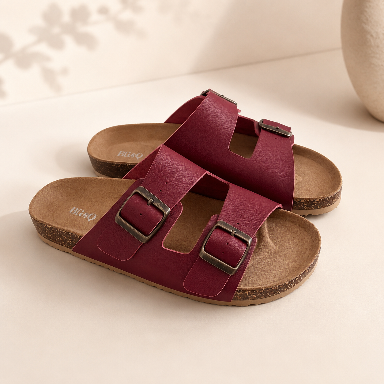 Mules Femme en cuir Bordeaux à Double Boucle