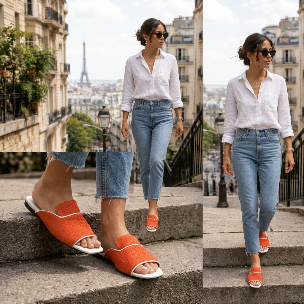 Mules Femme Oranges en Tissu Texturé